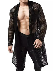 Black mesh panel long sleeve open front cardigan with a relaxed fit.