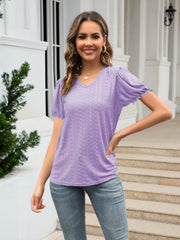 Lavender eyelet puff sleeve V-neck blouse with textured pattern