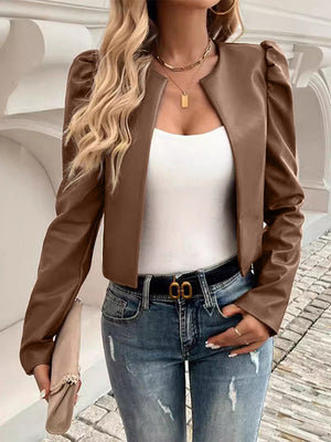 Caramel vegan leather bolero jacket with puffed shoulders and open front