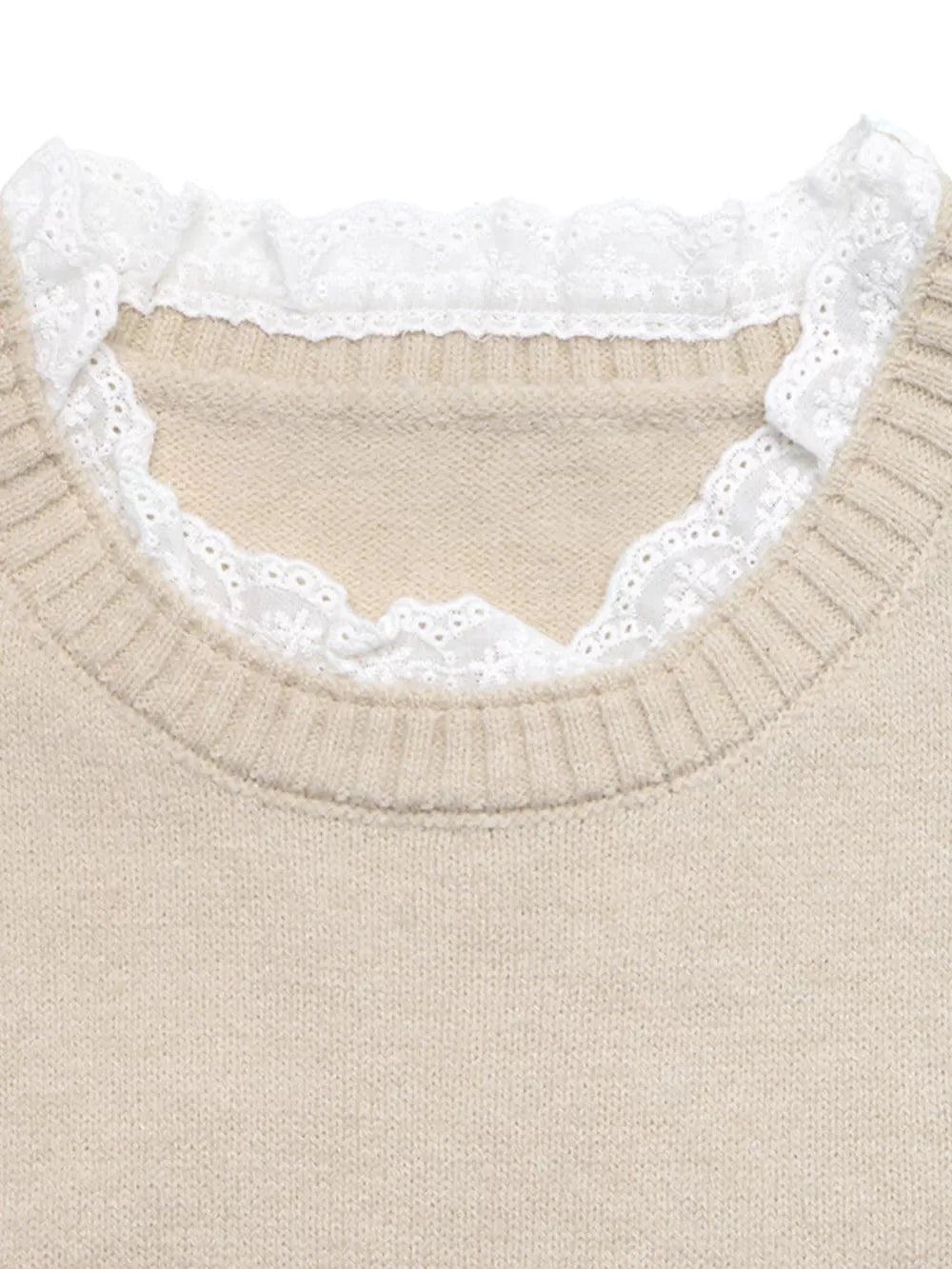 Elegant Lace Trim Round Neck Sweater in Apricot, alternate angle
