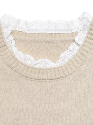 Elegant Lace Trim Round Neck Sweater in Apricot, alternate angle