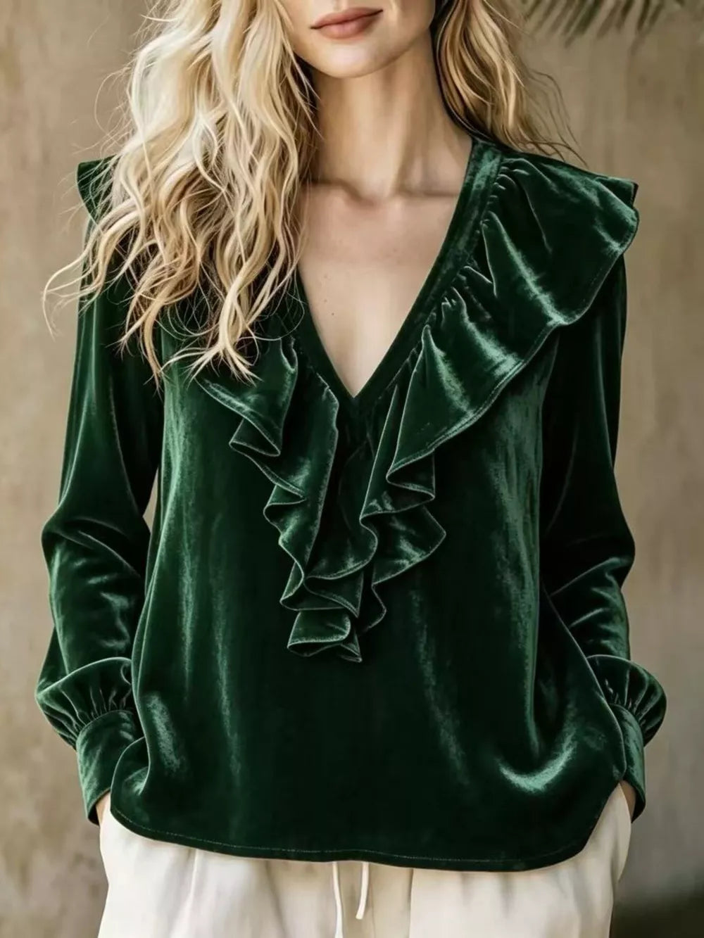 Full Size Ruffled V-neck Long Sleeve Blouse, fabric detail