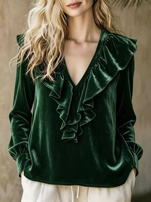 Full Size Ruffled V-neck Long Sleeve Blouse, fabric detail