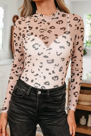 Mock Neck Sheer Mesh Leopard Bodysuit in Khaki, model styling view