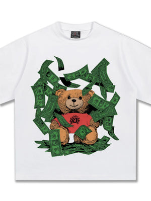 White cotton blend t-shirt with teddy bear graphic surrounded by money.