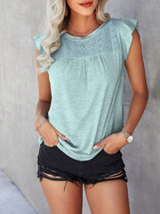 Light Blue cotton eyelet yoke flutter sleeve top with ruffled sleeves.