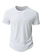 Men's white crew neck active t-shirt with textured fabric and short sleeves