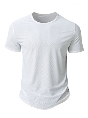 Men's white crew neck active t-shirt with textured fabric and short sleeves