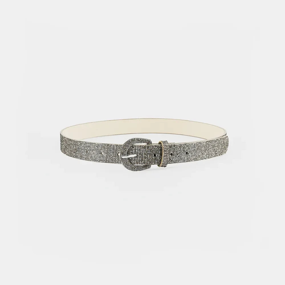 Silver glitter micro-studded belt with a rounded buckle and white backing.