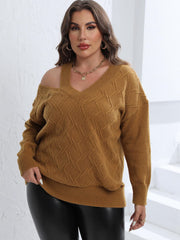 Caramel diamond knit sweater with asymmetric shoulder and v-neck