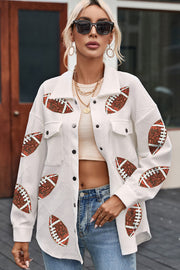 White textured overshirt with all-over football appliqués, button front, and chest pockets.