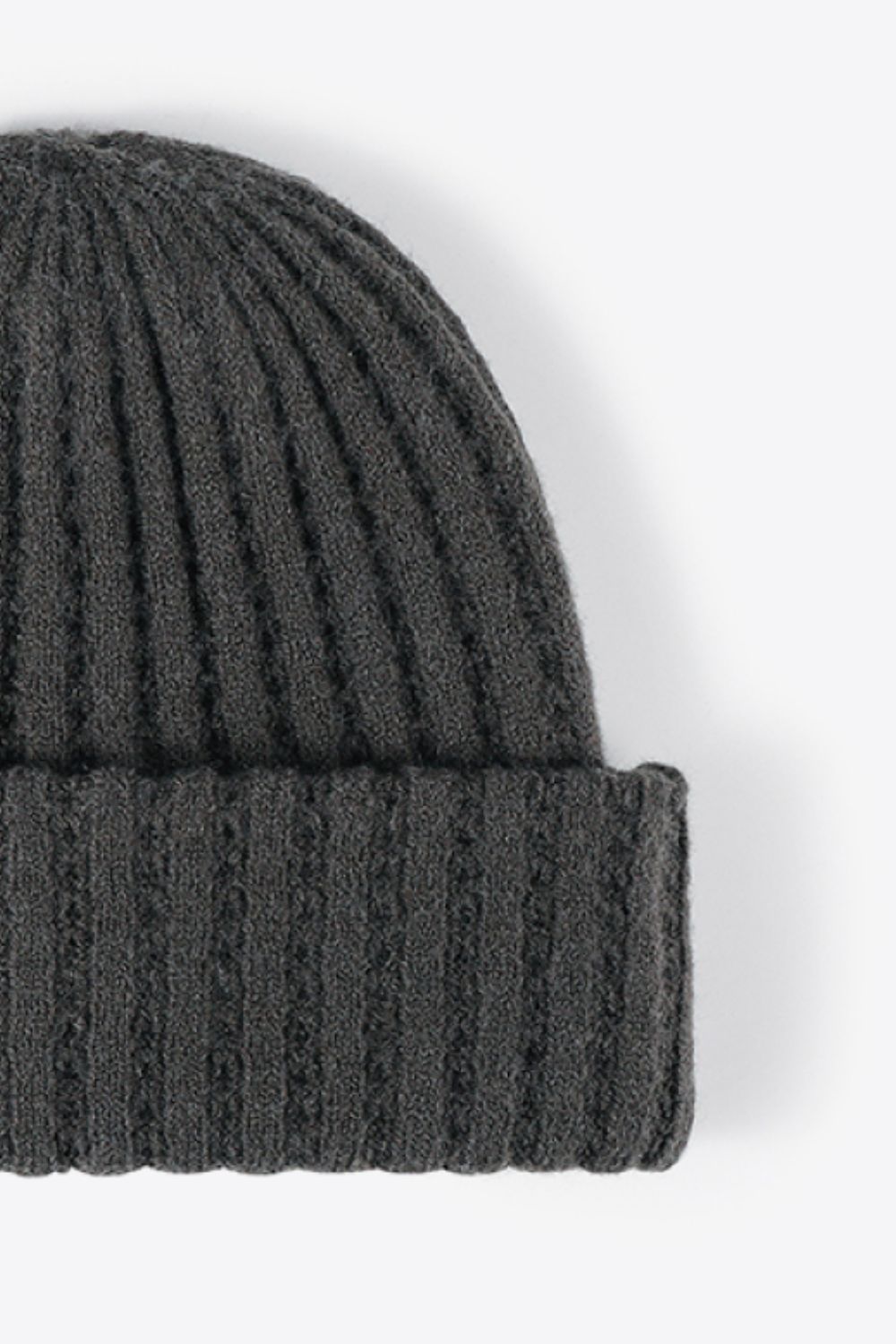 Dark Gray textured ribbed knit beanie with a cuffed hem.