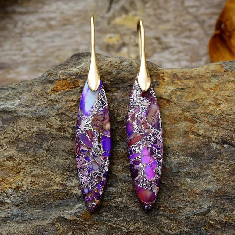 Verdant Stone Teardrop Dangle Earrings in Purple/Gold with unique marbled pattern.