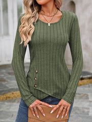 Moss green ribbed knit top with round neck and button detail