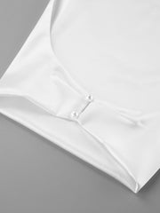 White satin cami top with cowl neckline and pearl button detail