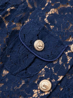 Navy lace midi dress with gold button details and pocket flap.