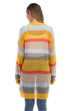 Striped open-knit longline cardigan in gold with horizontal stripes of tan, orange, and blue.