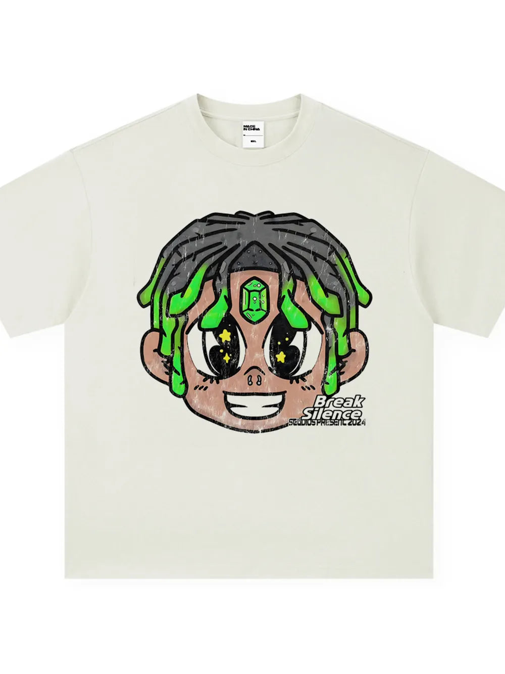 Cream cotton oversized graphic t-shirt with cartoon character print and text.