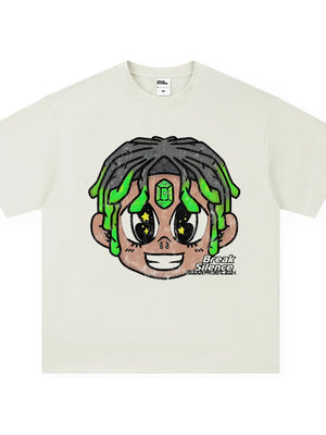 Cream cotton oversized graphic t-shirt with cartoon character print and text.