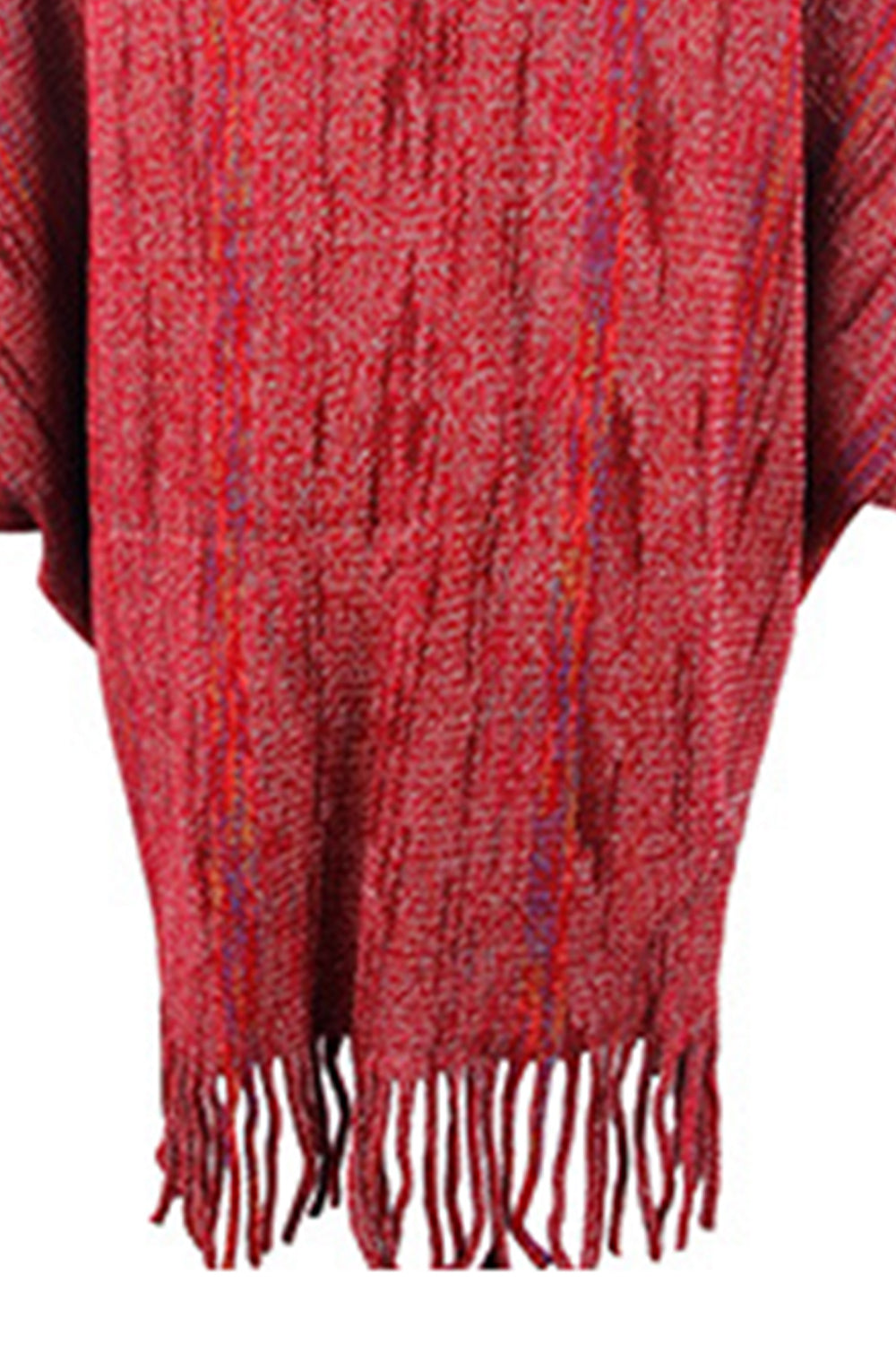 Textured knit cape in wine with fringe trim and subtle colorful threads