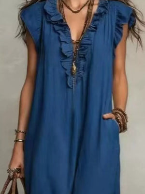 Bohemian Ruffle Neck Maxi Dress Plus Size in Blue, fabric detail