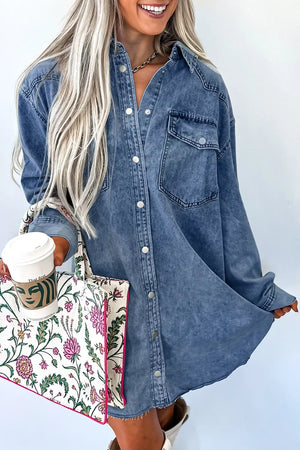 Acid-washed denim button-down dress with classic collar and chest pockets.