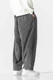 Gray corduroy wide-leg cargo pants with a relaxed fit.