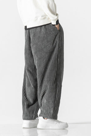 Gray corduroy wide-leg cargo pants with a relaxed fit.