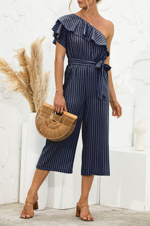 Dark blue striped ruffle one-shoulder culotte jumpsuit with tie waist