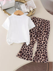 Children's Cherry Leopard Tee And Flare Pants Set in White, back view