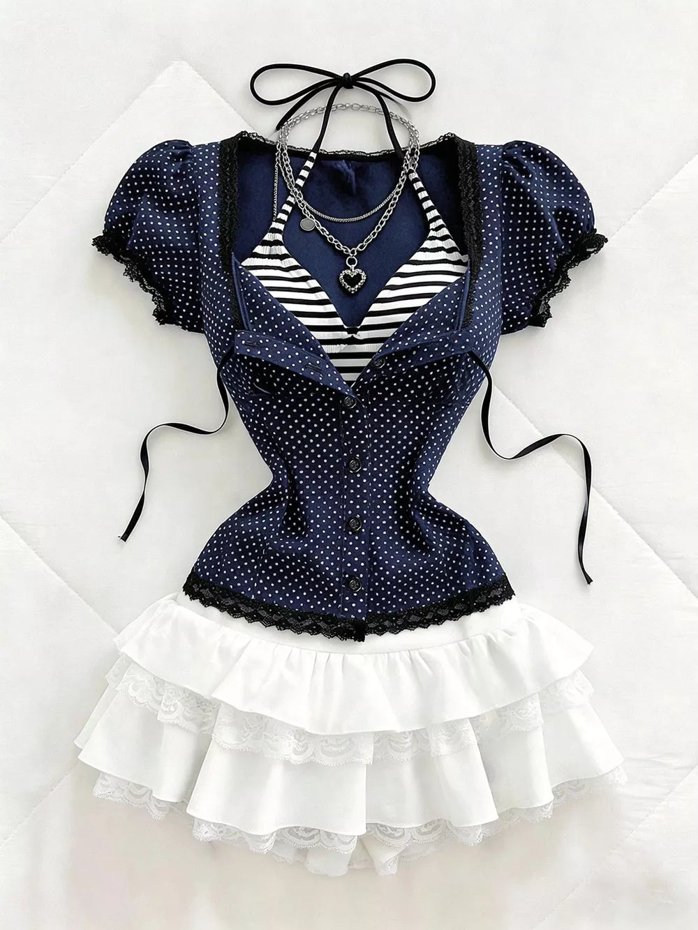 Polka Dot Lace Trim Puff Sleeve Top, alternate angle