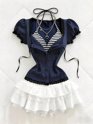 Polka Dot Lace Trim Puff Sleeve Top, alternate angle