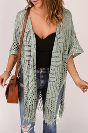 Sage open knit chevron fringe cardigan with short sleeves and boho styling.