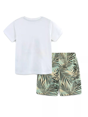 Baby white graphic tee and palm print shorts set, cotton, casual.