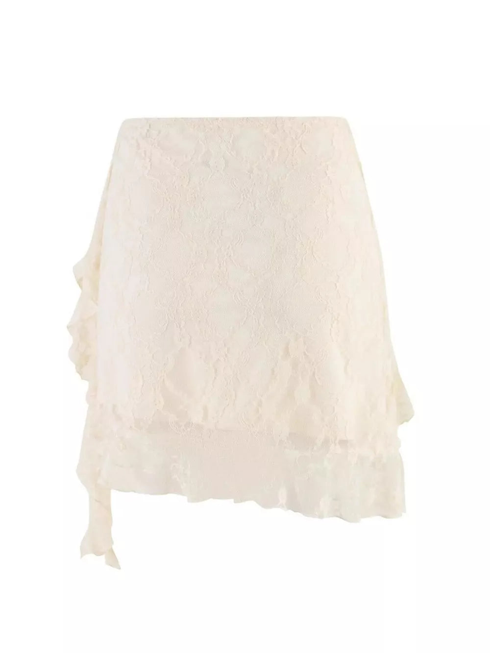 Cream lace mini skirt with asymmetrical ruffled hem and delicate details.