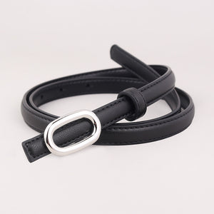 Black cowhide leather belt with sleek oval silver buckle