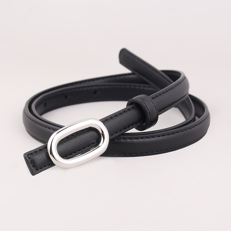 Black cowhide leather belt with sleek oval silver buckle
