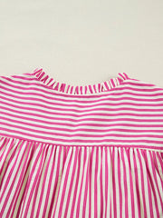 Maternity blouse with pink and white stripes, ruffled neckline, and shirred yoke.