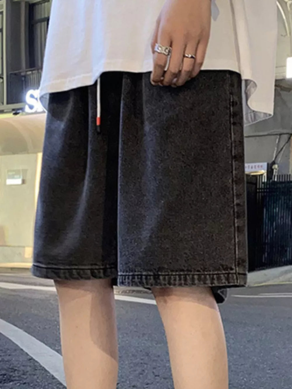 Men's Vintage Washed Denim Shorts Plus Size in Black, side view