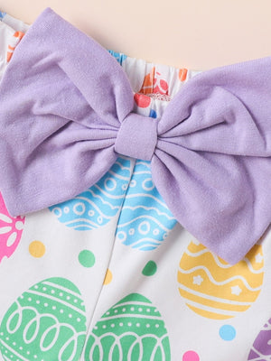 Baby bodysuit and pants set with purple bow and Easter egg print