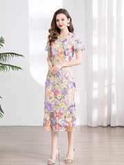 Embroidered Floral Puff Sleeve Midi Dress