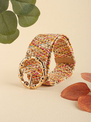 Multicolor woven raffia belt with gold bamboo buckle detail