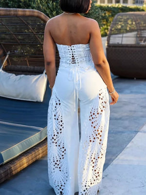 White lace tube top set with corset back and cutout wide-leg pants