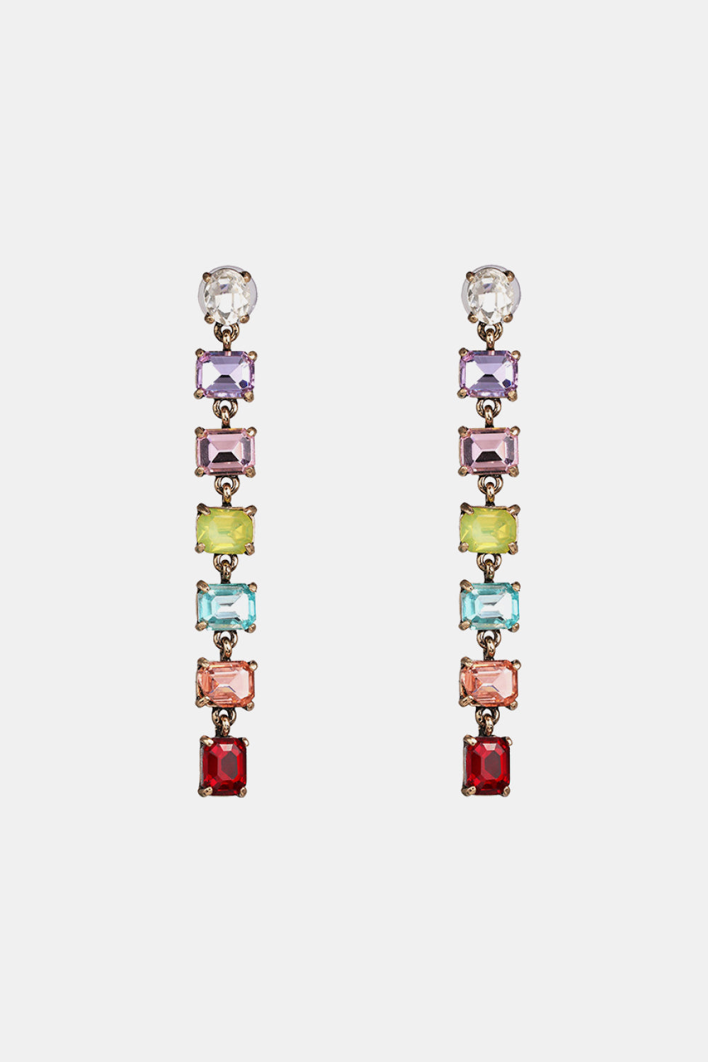 Ombre Gemstone Cascade Earrings with multicolor rectangular gemstones and gold-tone alloy.