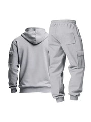 Light gray men's cargo sweatpants and hoodie set with utility pockets.