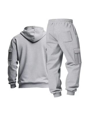 Light gray men's cargo sweatpants and hoodie set with utility pockets.