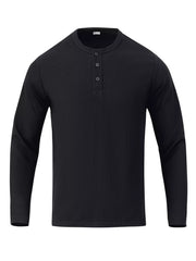 Men's black long sleeve cotton henley t-shirt with button placket