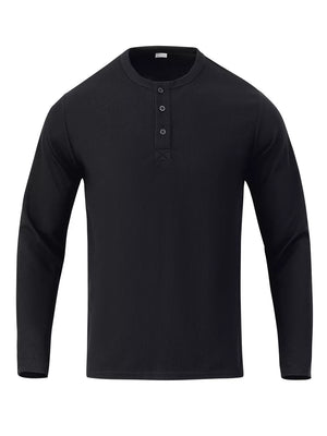 Men's black long sleeve cotton henley t-shirt with button placket