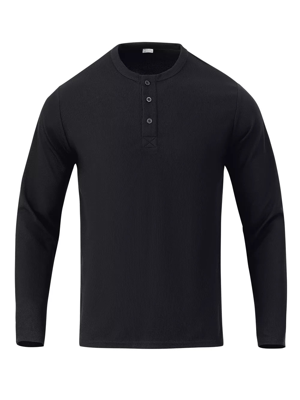 Black long sleeve Henley t-shirt with button placket and ribbed texture.