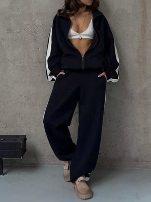 Zip Up Long Sleeve Outerwear And Pants Set in Brown, model styling view